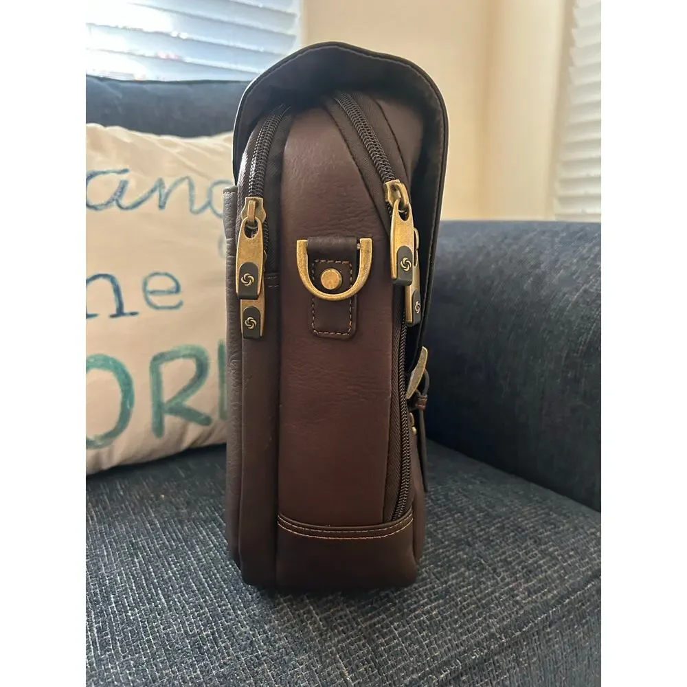 Samsonite Brown Leather Double Gusset Laptop Briefcase Messenger Bag 15.6”
